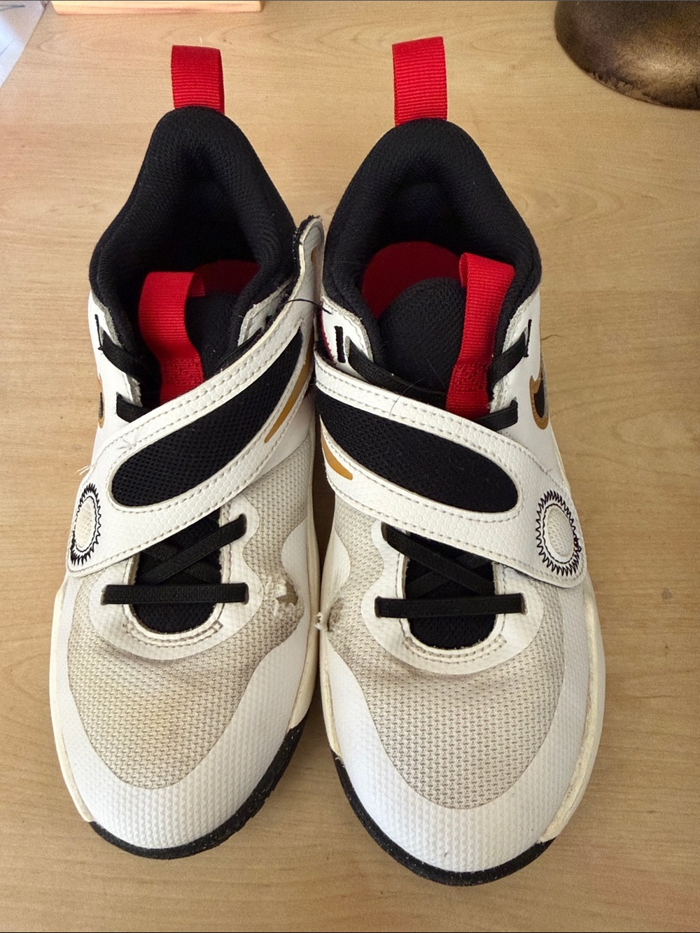 Nike Kids White and Black Basketball Shoes with Red Accents